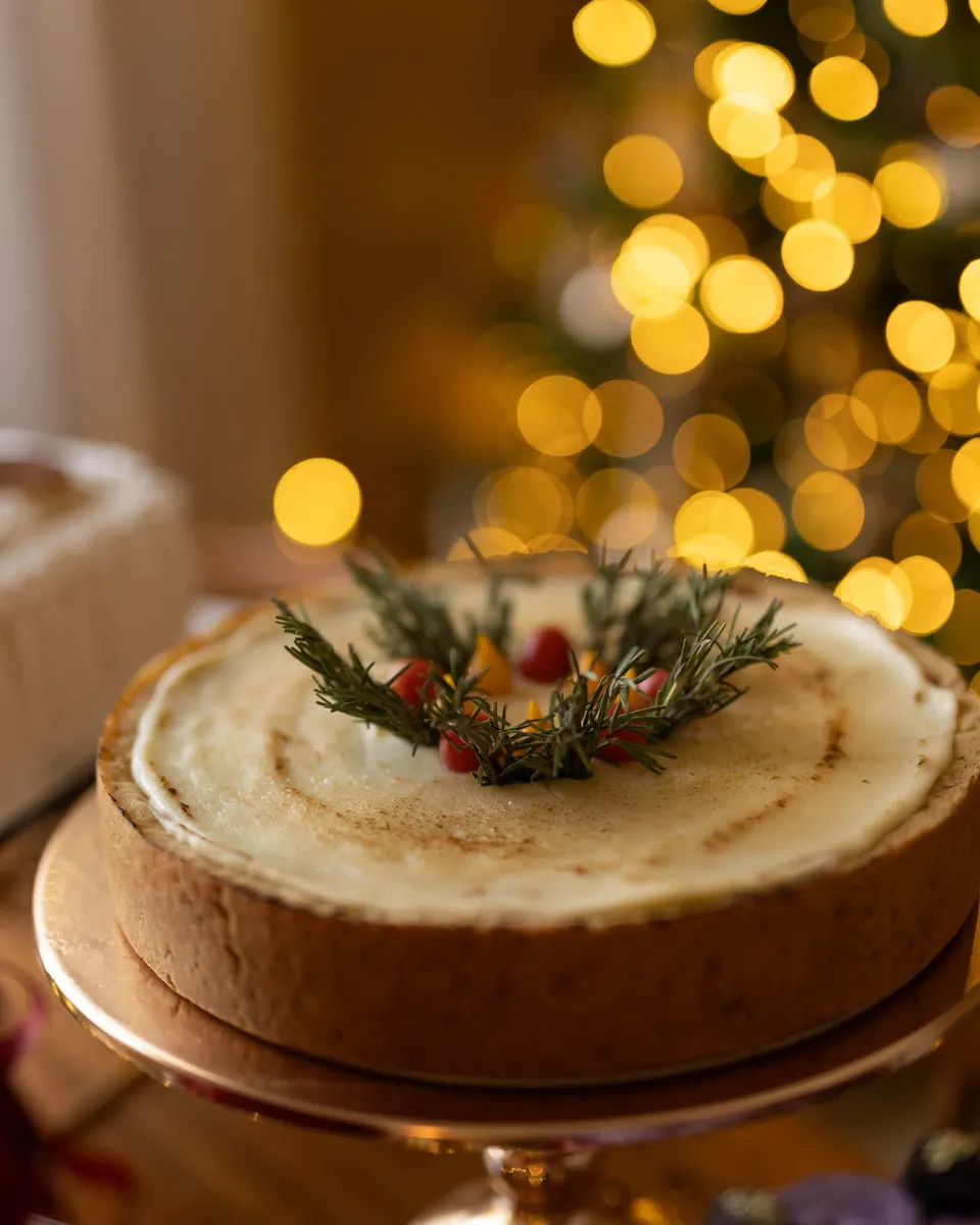 Torta salgada inteira, com creme dourado no maçarico e coroa de alecrim, sobre suporte dourado